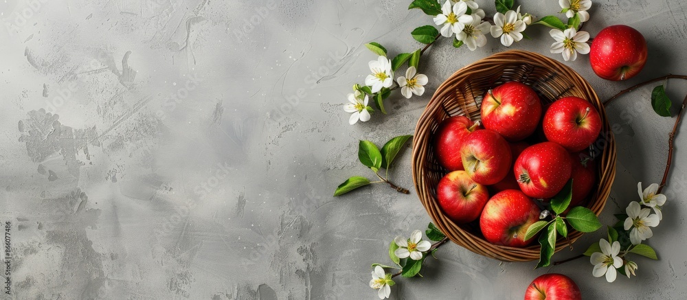 Aufkleber a flat lay view of a basket with ripe red apples, apple blossom flowers, and copy space image from a