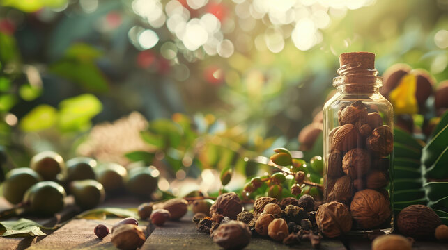 Organic Triphala Extract and Fruits in Lush Garden Setting