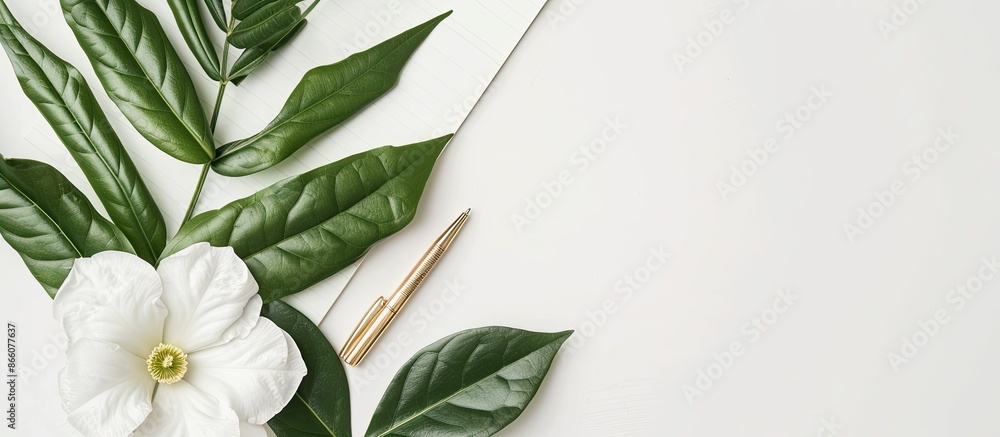 Poster flat lay arrangement with a white flower, green leaves, a white notepad, and a gold pen, creating a 