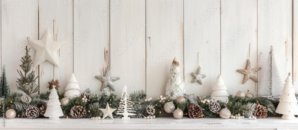 Poster festive christmas decorations displayed on a vintage white wooden table with empty copy space image.