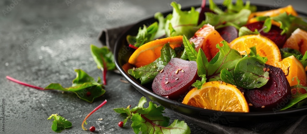 Poster fresh and healthy citrus salad with beets and green leaf lettuce on a table with a food background, 