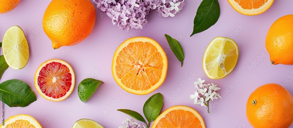 Poster A flat lay image featuring various citrus fruits, including tangerines, on a lilac surface, with room for adding text within the composition. Copy space image. Place for adding text and design