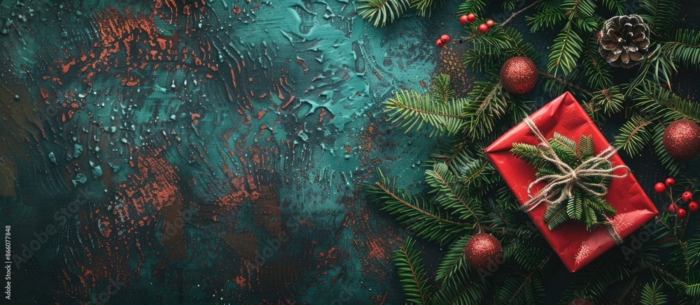 Aufkleber Red Christmas present and green fir branches arranged on a rustic background, ideal for a top view flat lay photograph with space for text or other images. Copy space image