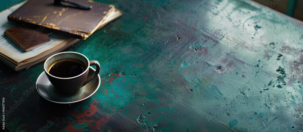 Aufkleber an office table with a cup of coffee and copy space image.