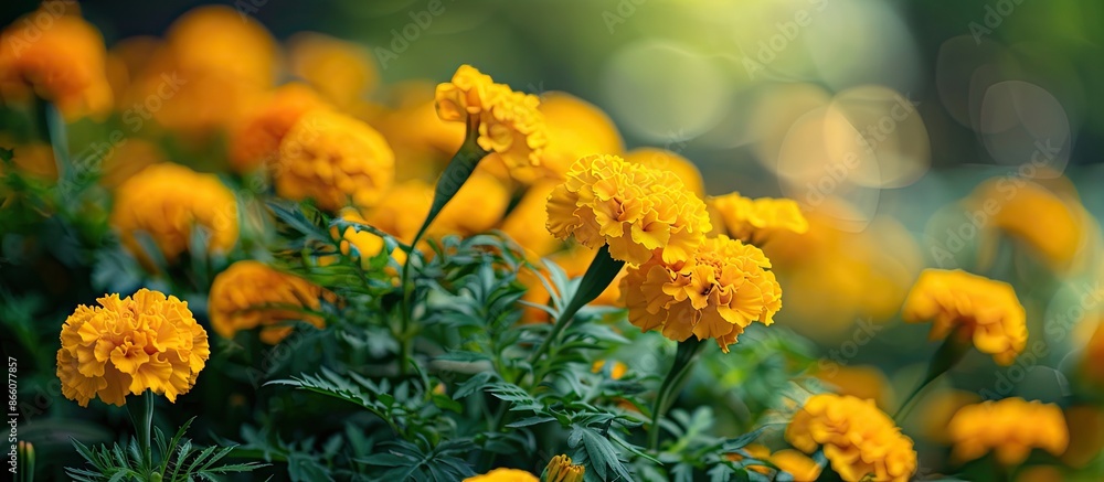 Poster Selective focus on vibrant yellow marigolds in a flower bed with a blurred background ideal for text placement in a copy space image.