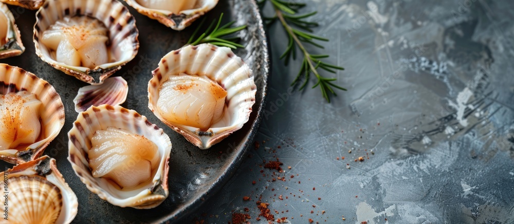 Poster flat lay with numerous fresh raw scallops in shells on a grey table, offering ample copy space image