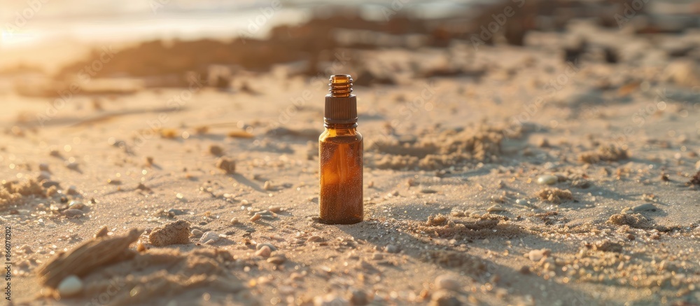 Poster Displaying a dropper bottle on sandy ground with copy space image for text. Suitable for alternative medicine presentations as a mock-up.