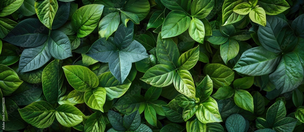 Poster a vibrant abstract background featuring various green leaves from a live bush with copy space image.