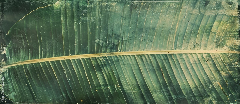 Poster vintage-toned abstract striped texture on a large green leaf with a rustic natural background, ideal