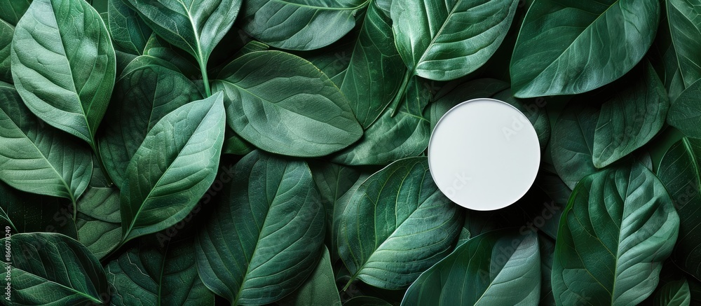 Poster Minimalist nature concept with a white round shape on a green leaf background, ideal for text or logo placement in a flat lay copy space image.
