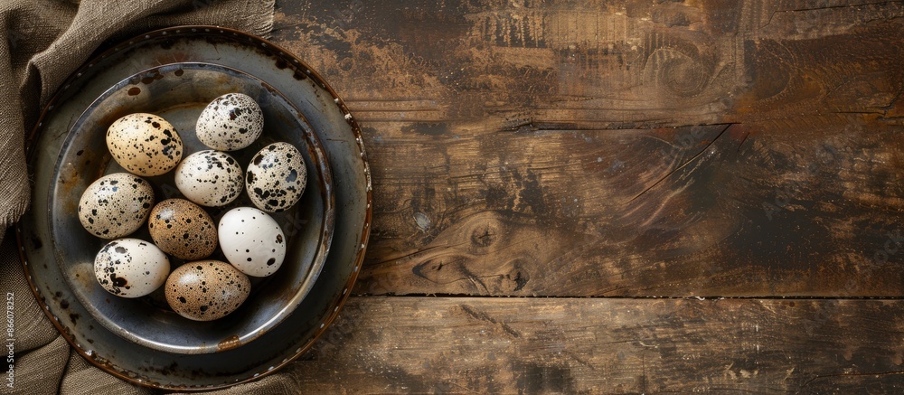 Poster top view of quail eggs on metal plate against wooden backdrop with copy space image.