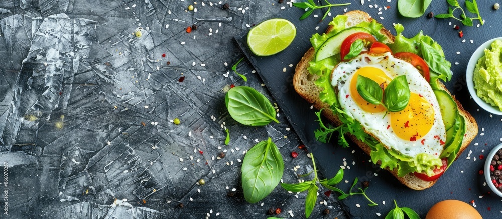 Poster top-down view of a nutritious diet sandwich with guacamole, fresh veggies, egg, lime, lettuce, and b