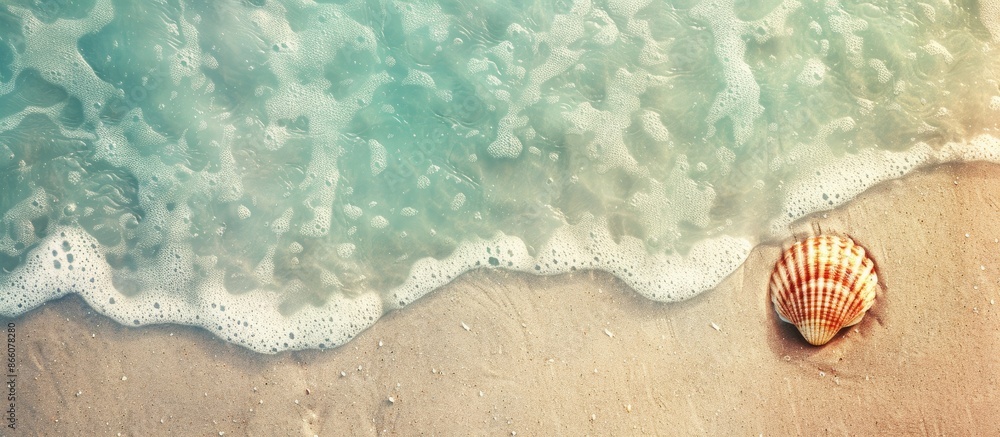 Fototapete Sand beach copy space image with a seashell texture, presenting an abstract background. Evokes a summer vacation and travel relaxation theme, enhanced with a vintage tone filter effect.