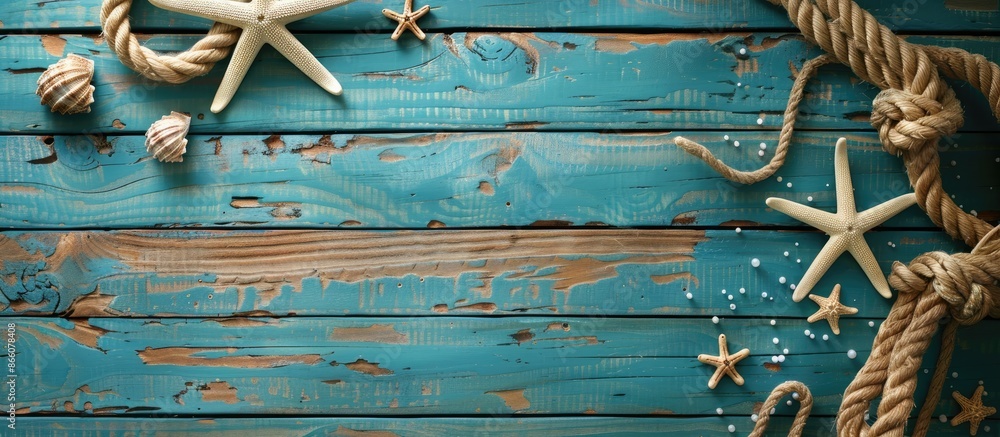 Poster top view of a nautical-themed summer background with a wooden backdrop and copy space image included