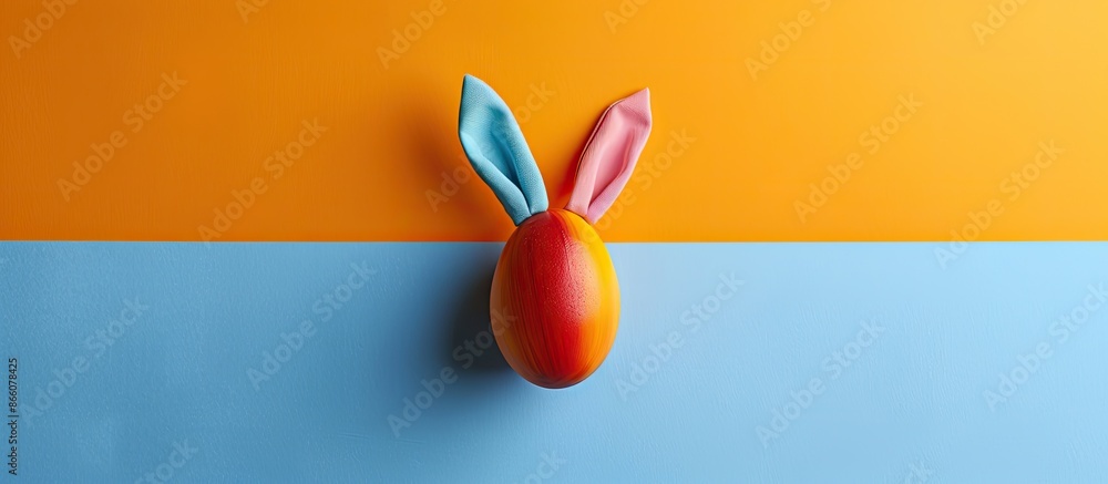 Poster horizontal studio shot of a brightly colored egg with canvas rabbit ears, all on a copy space image.