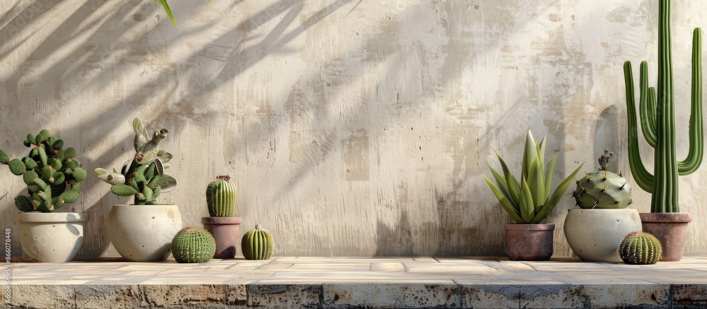 Aufkleber Cactus plants arranged on a table with a blank space for adding text or images, making it ideal for presentations or designs around a desert theme. Copy space image. Place for adding text and design