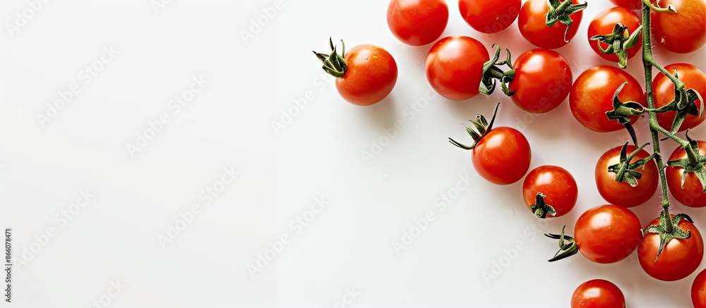 Poster Cherry tomatoes are appetizing against a blank space in the image. Copy space image. Place for adding text and design