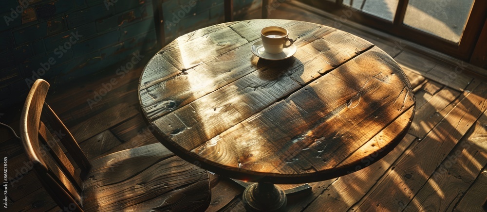 Poster Sunlight illuminates a wooden table with morning coffee, creating a cozy atmosphere. Copy space image. Place for adding text and design