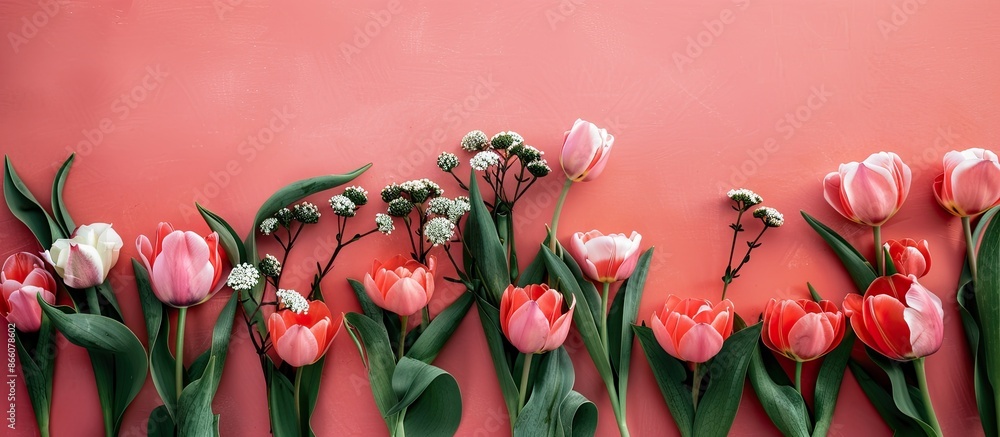 Poster Spring flowers beautifully arranged on a background with copy space image.