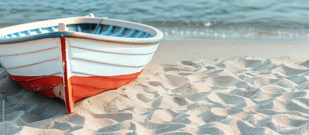 Poster close-up view of a boat on sand with copy space image.