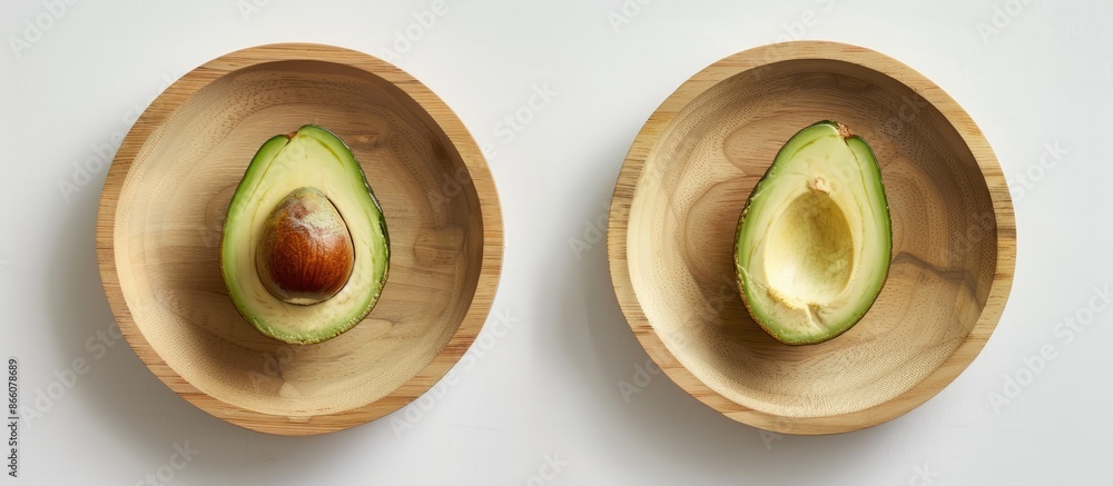 Poster a bird's eye view of a halved avocado with and without the seed on a round wooden plate against a wh