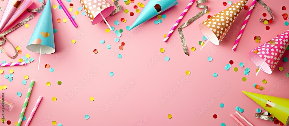 Poster pink background with party hats, confetti, and straws creating a festive atmosphere, perfect for a c