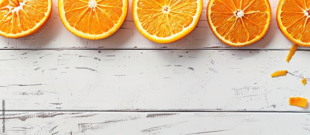 Poster Top-down view of orange slices on a white wooden table surface with ample space for adding images.