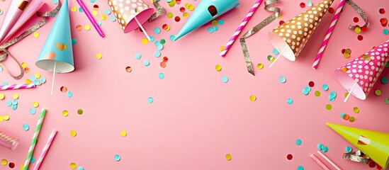 Pink background with party hats, confetti, and straws creating a festive atmosphere, perfect for a celebration, with copy space image.