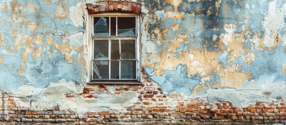 Poster a weathered wall featuring a brick window against a backdrop of blank space, perfect for adding imag