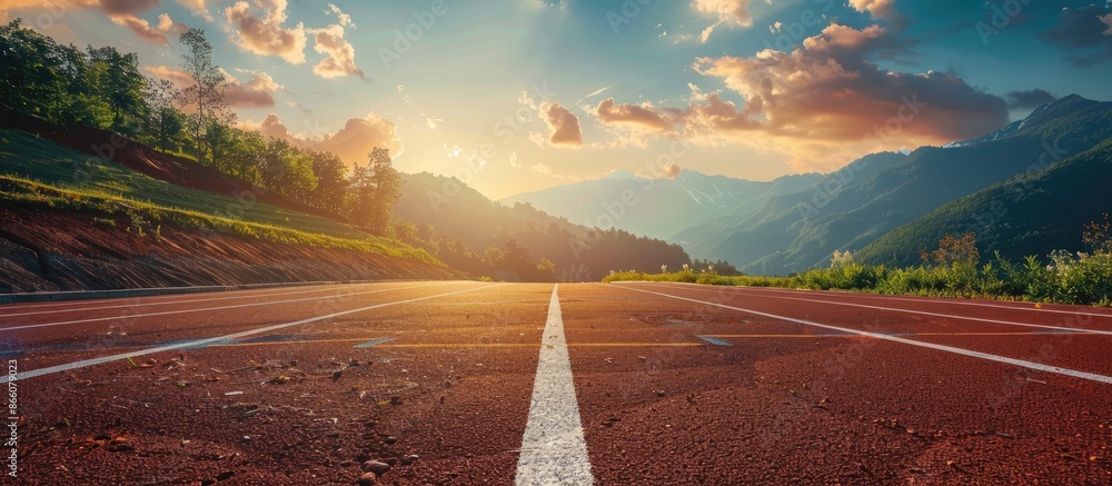 Poster scenic running track for athletes with a picturesque backdrop for a copy space image.
