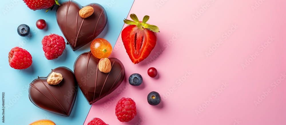 Poster heart-shaped chocolate sweets topped with fruits and nuts on a colorful backdrop, viewed from above,