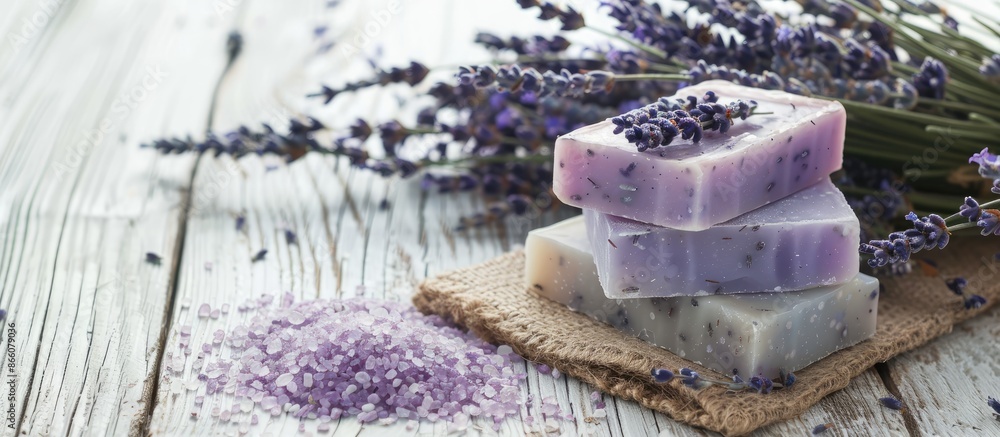 Poster A rustic display of lavender organic soap with bath salt is arranged on a white wooden table with a blank background for adding images. Copy space image. Place for adding text and design