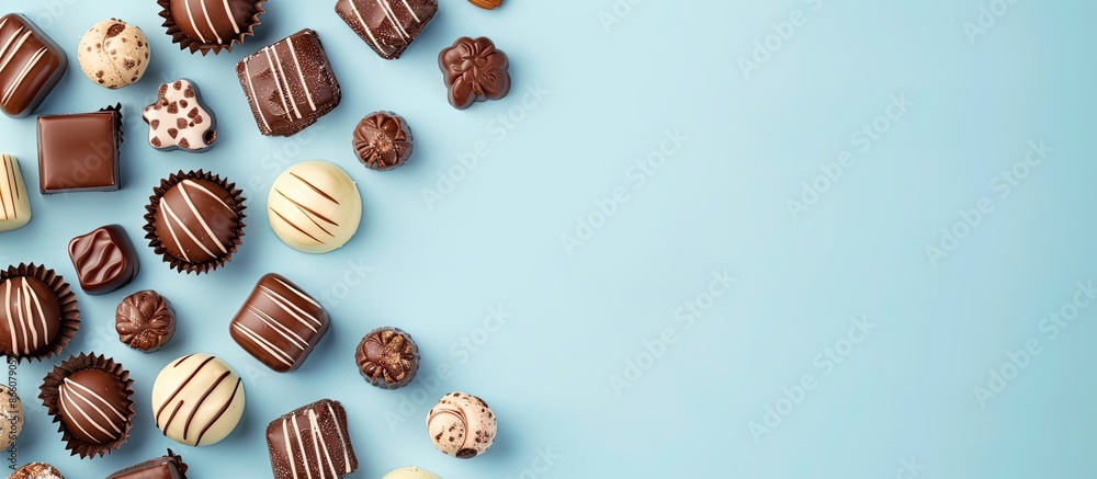 Poster picture showcasing an assortment of chocolates and candies arranged on a blue background, strategica
