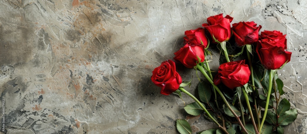 Poster valentine's day card with a bouquet of red roses on a stone background, featuring copy space image.