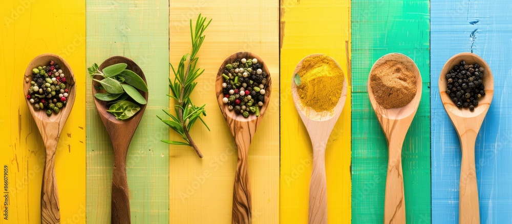 Poster Wooden spoons with herbs and spices on colorful wooden surface create a charming composition with copy space image.