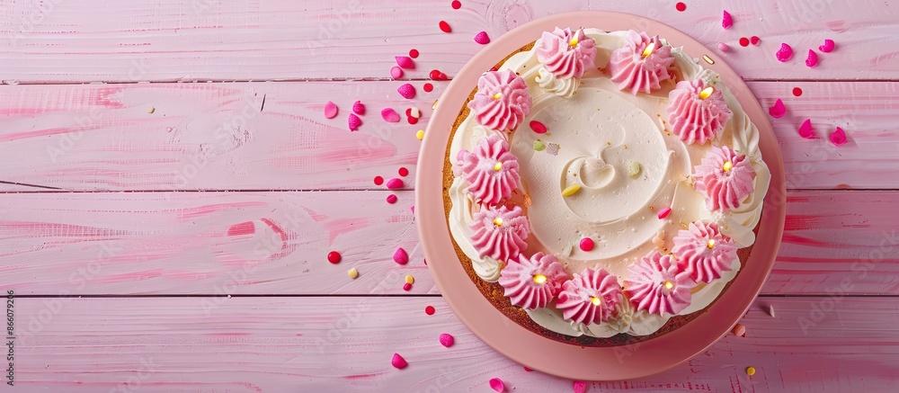 Aufkleber cake with creamy topping and candles placed on a pink wooden surface, offering room for text beside 