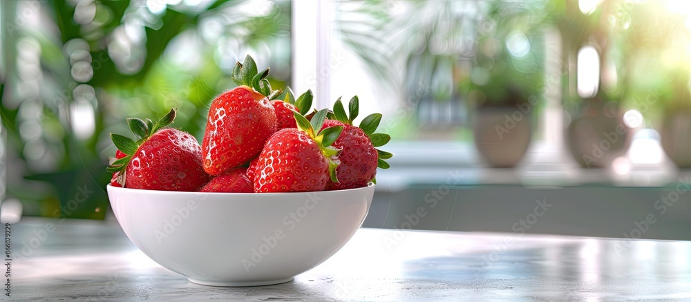 Poster A fresh strawberry displayed in a white bowl on a table with copy space image.