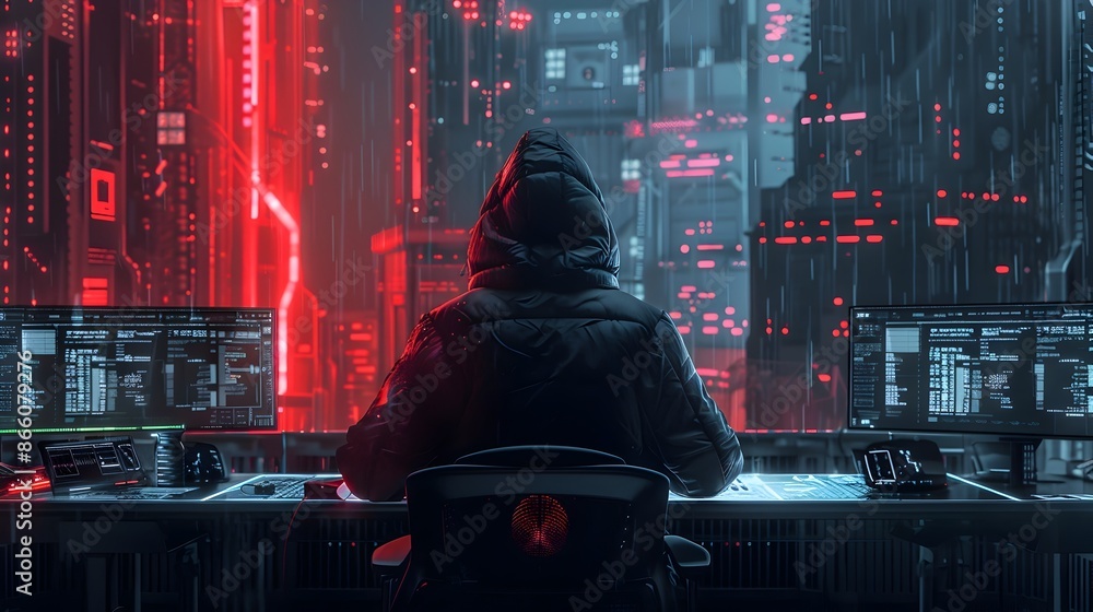 Aufkleber hacker orchestrating a precision digital heist in a futuristic cityscape