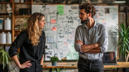 Fototapeta premium Two colleagues having a serious discussion in a modern office, with a whiteboard full of notes and diagrams in the background.