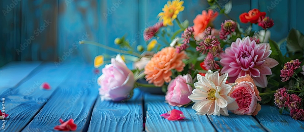 Poster Flowers from the garden displayed on a blue wooden table with a background perfect for a copy space image.