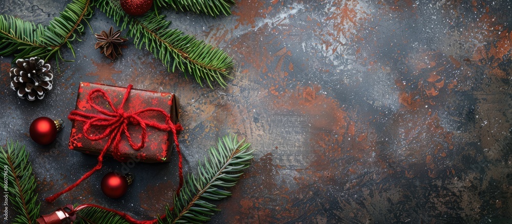 Aufkleber Red Christmas present and green fir branches arranged on a rustic background, ideal for a top view flat lay photograph with space for text or other images. Copy space image