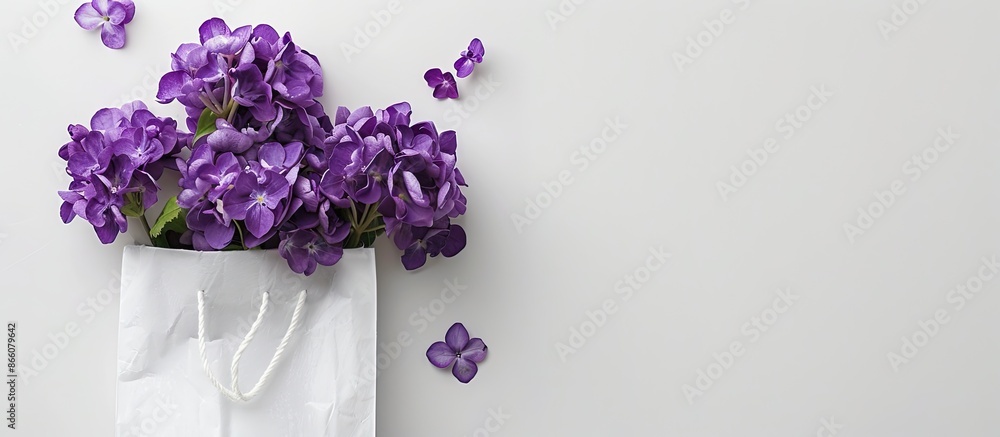 Aufkleber purple flowers arranged in a white paper bag on a white background, presented in a top-down view wit