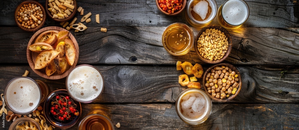 Poster top-down view of lager beer with snacks on a rustic wooden table, providing ample copy space in the 