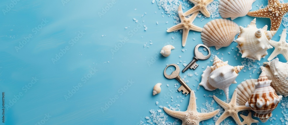 Aufkleber summer-themed arrangement showcasing a key amidst various shells and starfish on a blue background. 