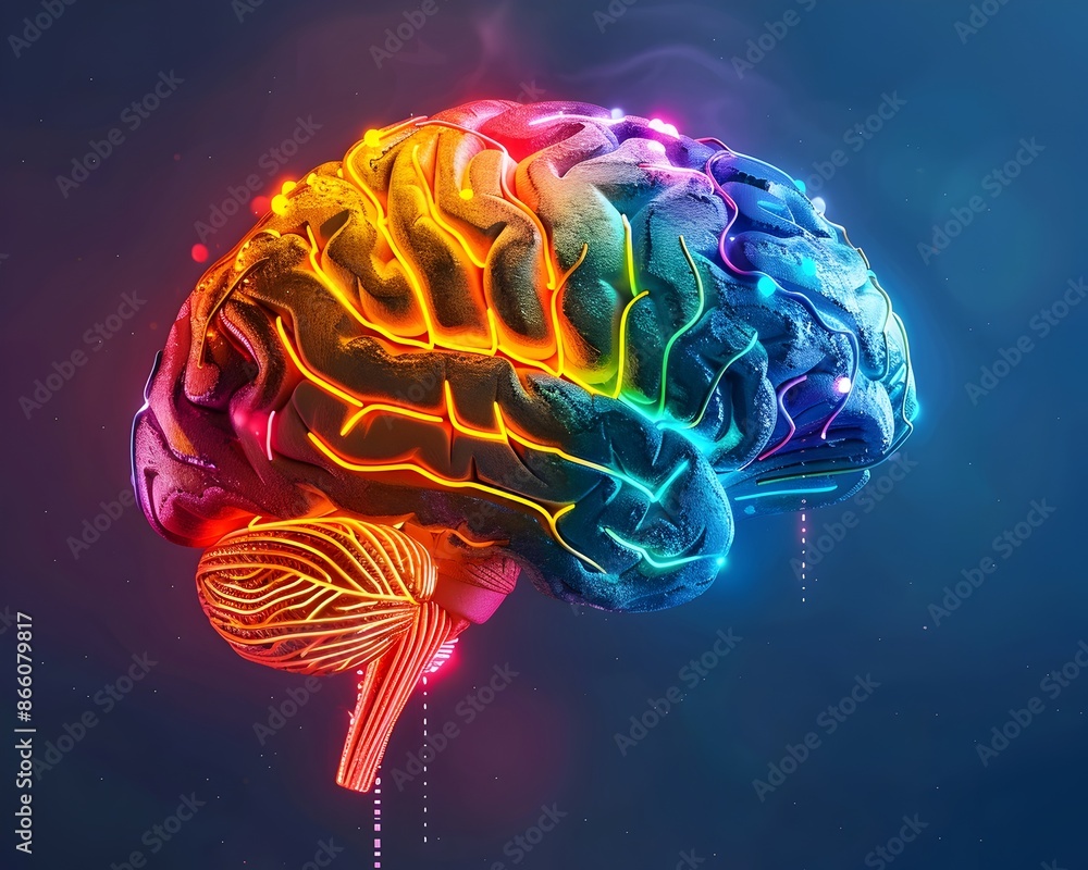 Poster vibrant illuminated brain sections representing cognitive functions and knowledge