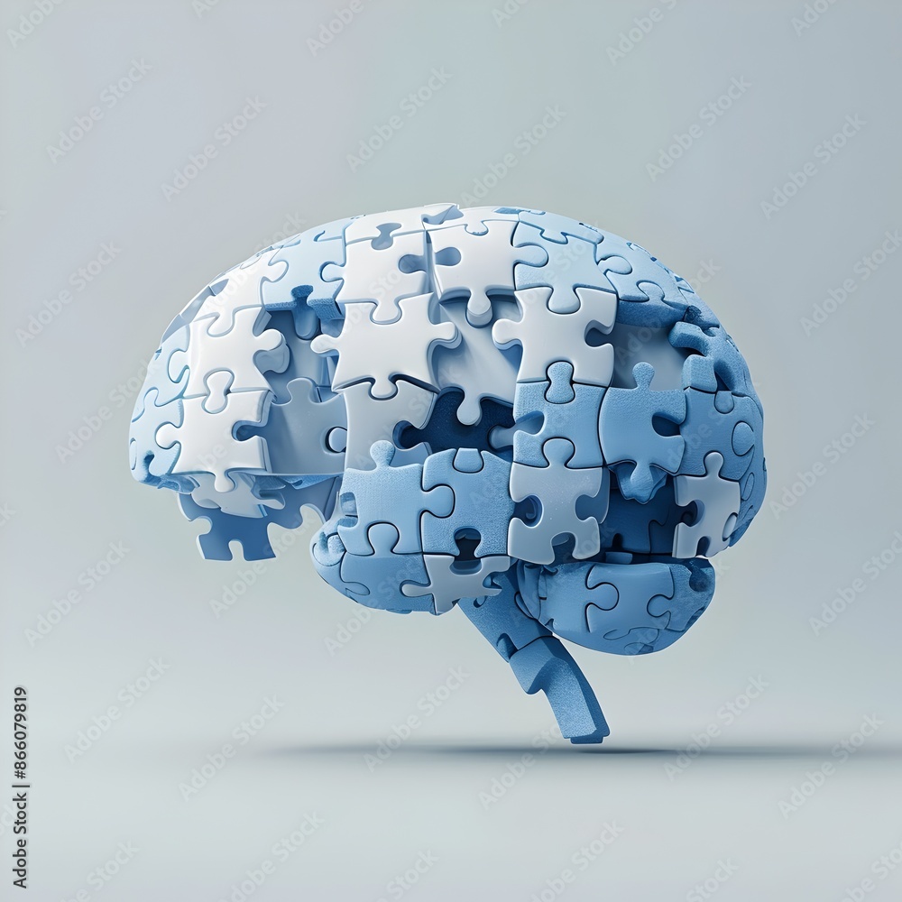 Poster interlocking puzzle pieces forming a brain symbolizing cognitive functions and problem solving