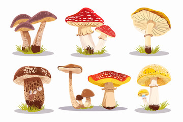 Set with edible and poisonous mushrooms, chanterelles, champignons, porcini mushroom, fly agarics and toadstools, cartoon style. Vector illustration isolated on white, hand drawn, flat design