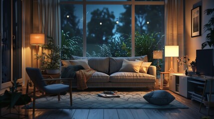 Cozy living room scene with plush gray sofa, armchair, and warm lamplight.