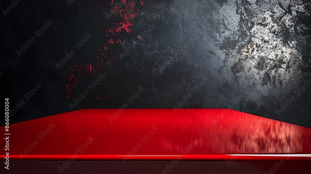 Poster bold red glossy table against contrasting black background for product display concept with copy spa