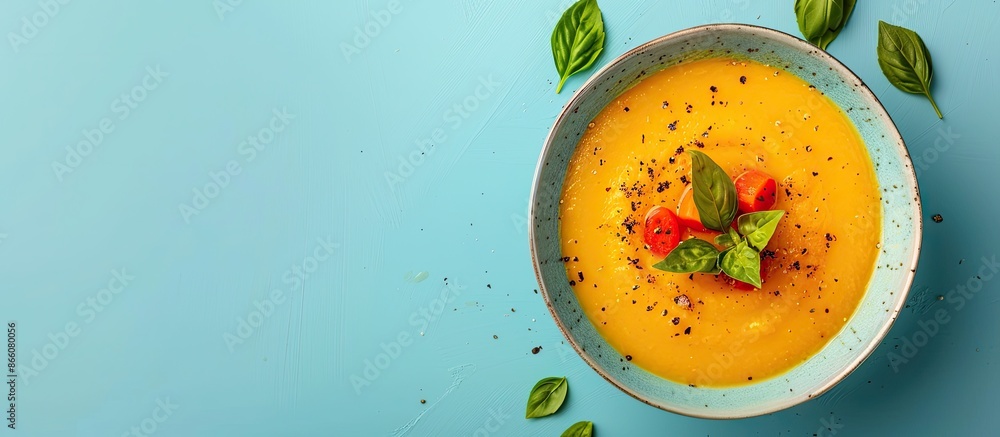 Poster Yellow baked pepper soup puree in a light bowl on a bright backdrop, with room for text, ideal for adding a copy space image. Top view emphasizes presentation.